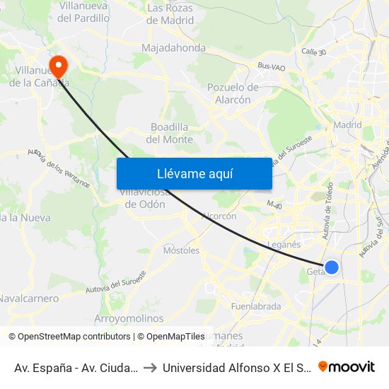 Av. España - Av. Ciudades to Universidad Alfonso X El Sabio map