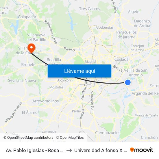 Av. Pablo Iglesias - Rosa Montero to Universidad Alfonso X El Sabio map