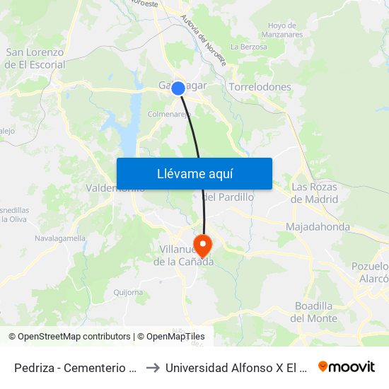 Pedriza - Cementerio Viejo to Universidad Alfonso X El Sabio map