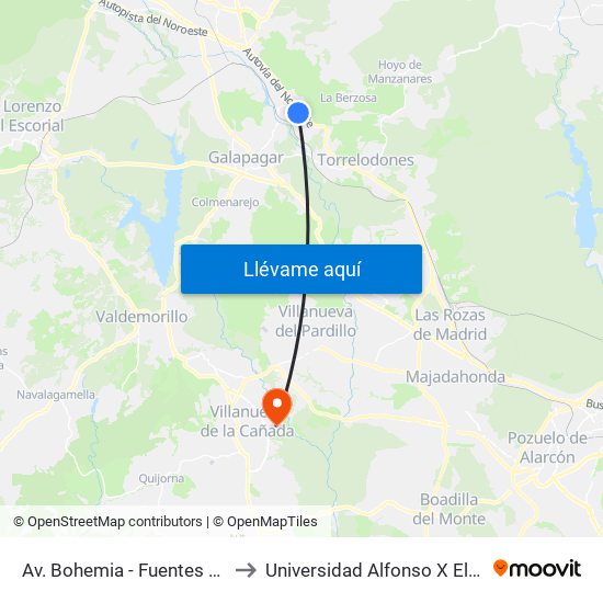 Av. Bohemia - Fuentes Claras to Universidad Alfonso X El Sabio map