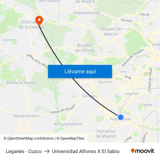 Leganés - Cuzco to Universidad Alfonso X El Sabio map