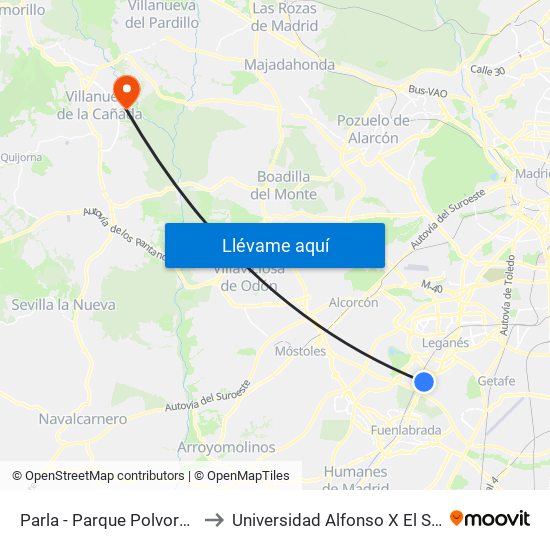 Parla - Parque Polvoranca to Universidad Alfonso X El Sabio map