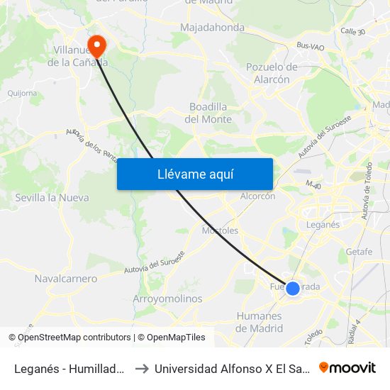 Leganés - Humilladero to Universidad Alfonso X El Sabio map