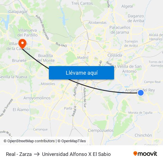 Real - Zarza to Universidad Alfonso X El Sabio map