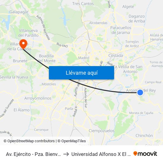 Av. Ejército - Pza. Bienvenida to Universidad Alfonso X El Sabio map