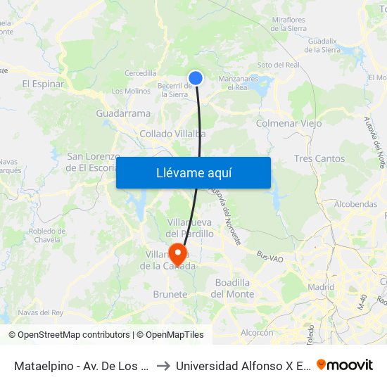 Mataelpino - Av. De Los Linares to Universidad Alfonso X El Sabio map