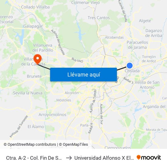 Ctra. A-2 - Col. Fin De Semana to Universidad Alfonso X El Sabio map