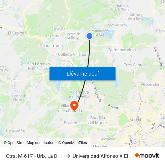 Ctra. M-617 - Urb. La Dehesa to Universidad Alfonso X El Sabio map