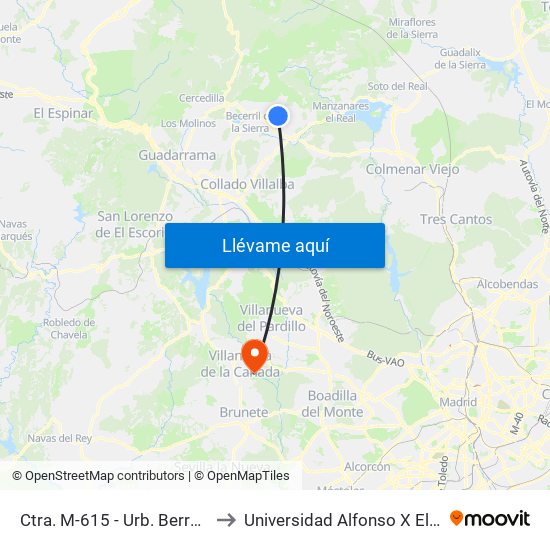 Ctra. M-615 - Urb. Berrocal IV to Universidad Alfonso X El Sabio map