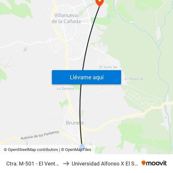 Ctra. M-501 - El Ventorro to Universidad Alfonso X El Sabio map
