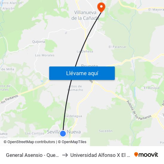 General Asensio - Quevedo to Universidad Alfonso X El Sabio map