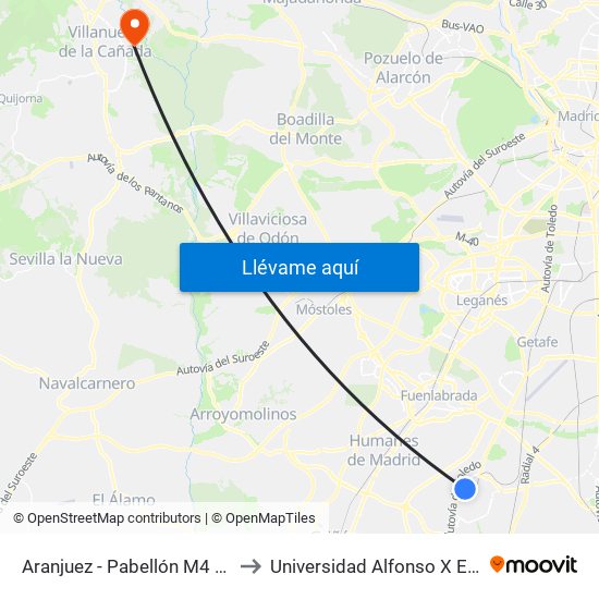 Aranjuez - Pabellón M4 El Nido to Universidad Alfonso X El Sabio map