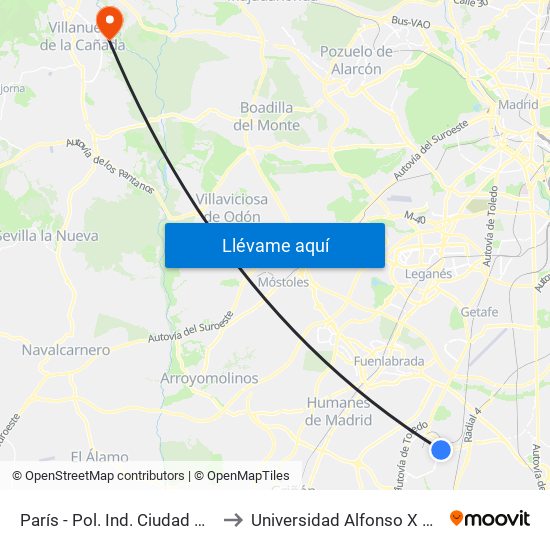 París - Pol. Ind. Ciudad De Parla to Universidad Alfonso X El Sabio map