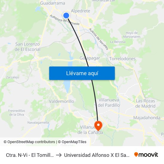 Ctra. N-Vi - El Tomillar to Universidad Alfonso X El Sabio map