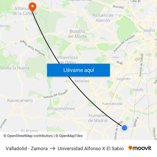 Valladolid - Zamora to Universidad Alfonso X El Sabio map