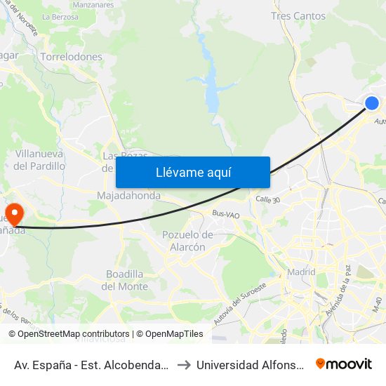 Av. España - Est. Alcobendas S. Seb. Reyes to Universidad Alfonso X El Sabio map