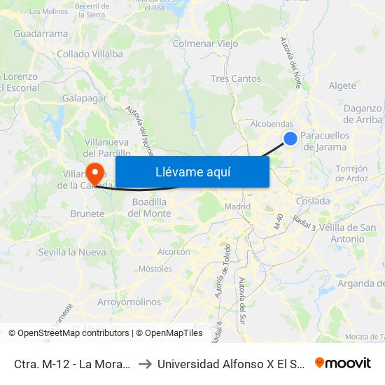 Ctra. M-12 - La Moraleja to Universidad Alfonso X El Sabio map