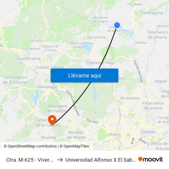 Ctra. M-625 - Viveros to Universidad Alfonso X El Sabio map