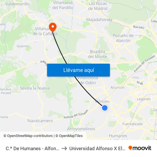 C.º De Humanes - Alfonso XII to Universidad Alfonso X El Sabio map