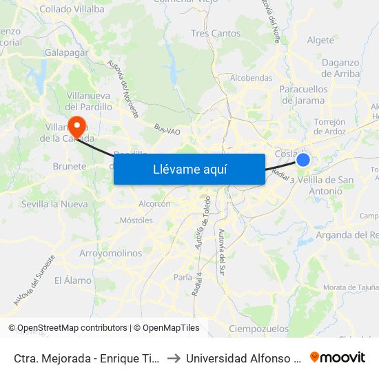 Ctra. Mejorada - Enrique Tierno Galván to Universidad Alfonso X El Sabio map