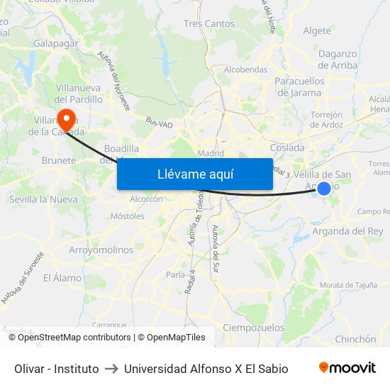 Olivar - Instituto to Universidad Alfonso X El Sabio map