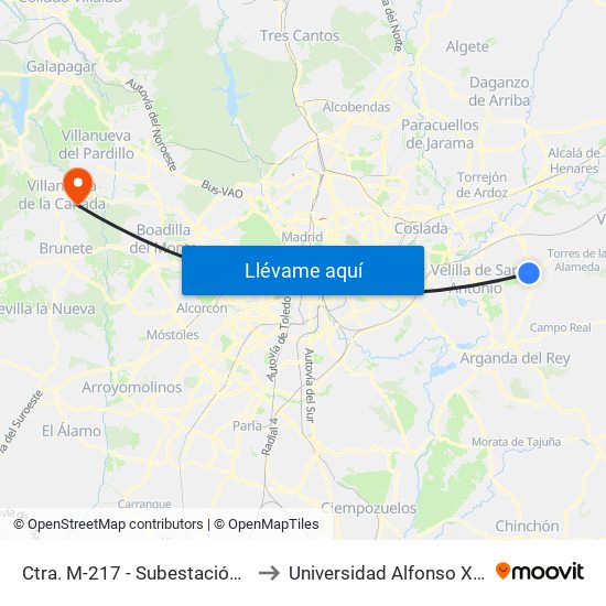 Ctra. M-217 - Subestación Eléctrica to Universidad Alfonso X El Sabio map