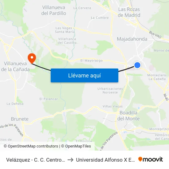Velázquez - C. C. Centro Oeste to Universidad Alfonso X El Sabio map
