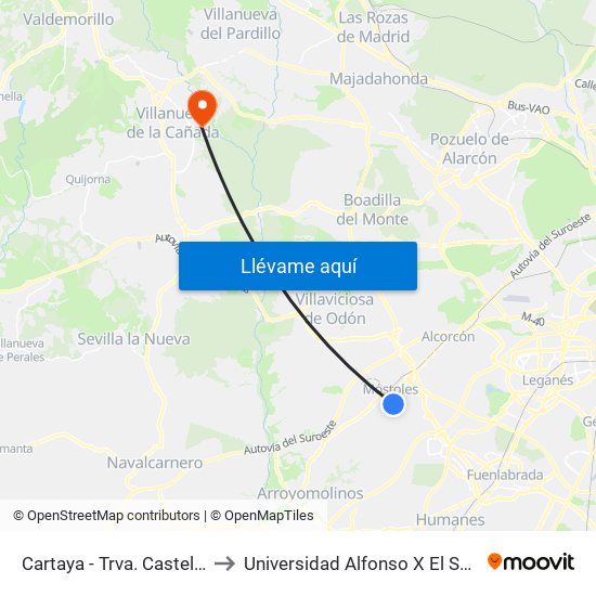 Cartaya - Trva. Castellón to Universidad Alfonso X El Sabio map