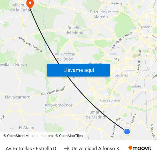 Av. Estrellas - Estrella Denébola to Universidad Alfonso X El Sabio map