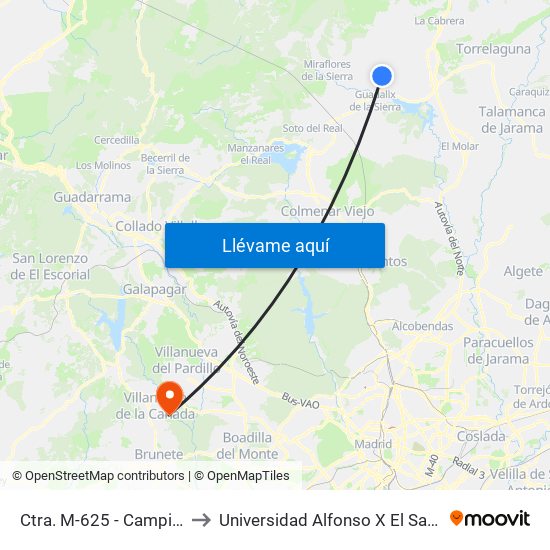 Ctra. M-625 - Camping to Universidad Alfonso X El Sabio map