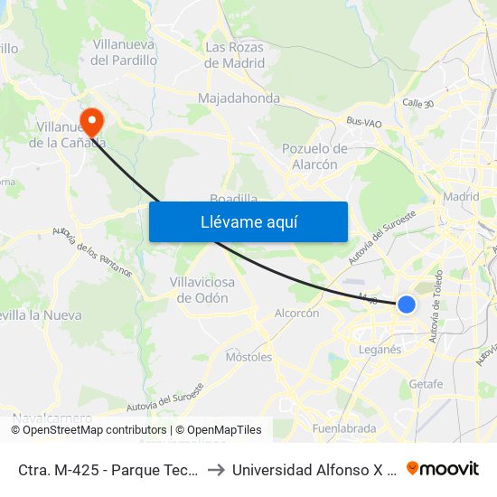 Ctra. M-425 - Parque Tecnológico to Universidad Alfonso X El Sabio map