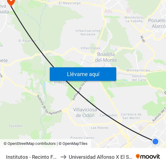 Institutos - Recinto Ferial to Universidad Alfonso X El Sabio map