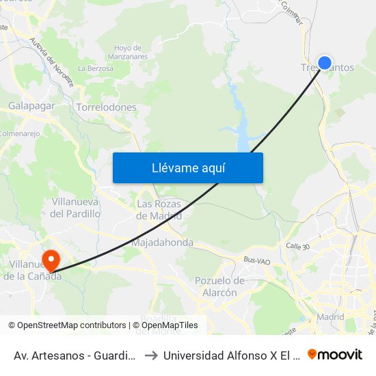 Av. Artesanos - Guardia Civil to Universidad Alfonso X El Sabio map