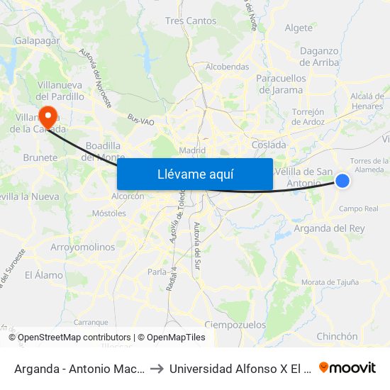 Arganda - Antonio Machado to Universidad Alfonso X El Sabio map