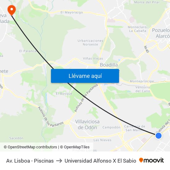 Av. Lisboa - Piscinas to Universidad Alfonso X El Sabio map