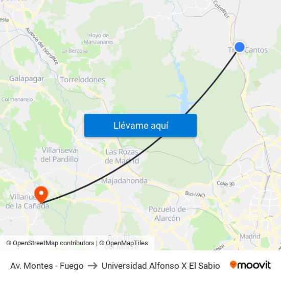 Av. Montes - Fuego to Universidad Alfonso X El Sabio map