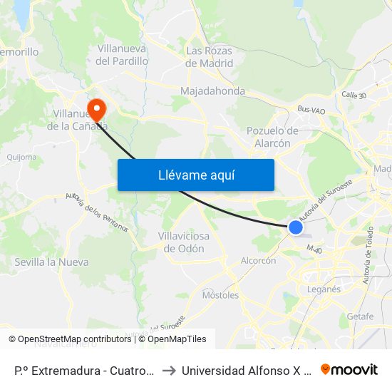 P.º Extremadura - Cuatro Vientos to Universidad Alfonso X El Sabio map