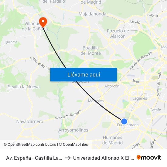 Av. España - Castilla La Vieja to Universidad Alfonso X El Sabio map