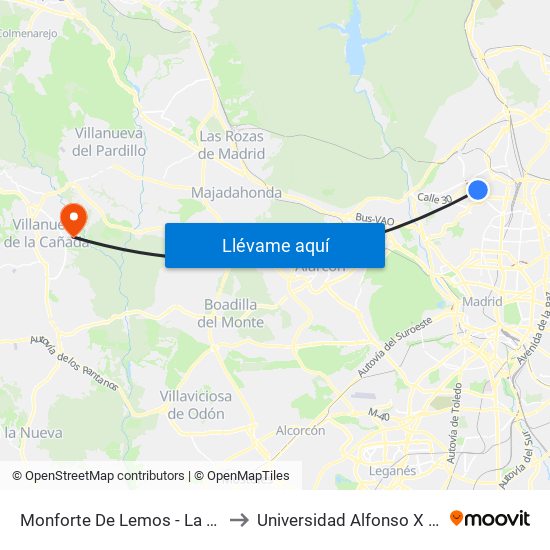 Monforte De Lemos - La Vaguada to Universidad Alfonso X El Sabio map