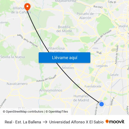 Real - Est. La Ballena to Universidad Alfonso X El Sabio map