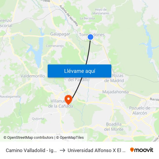 Camino Valladolid - Iglesia to Universidad Alfonso X El Sabio map