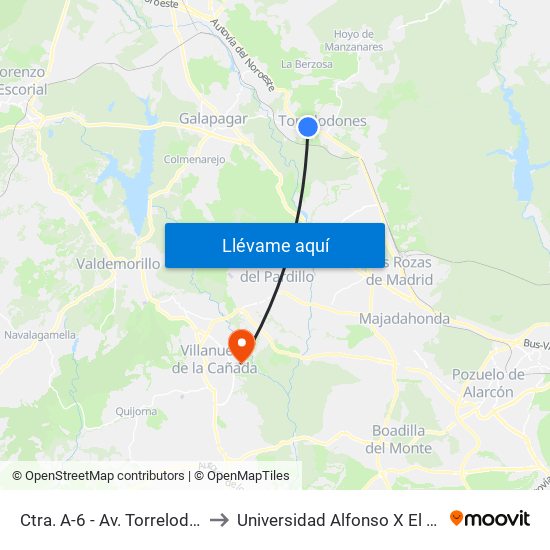 Ctra. A-6 - Av. Torrelodones to Universidad Alfonso X El Sabio map