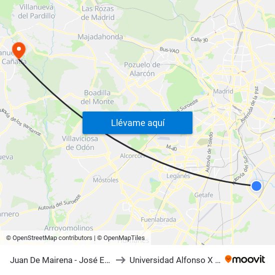 Juan De Mairena - José Echegaray to Universidad Alfonso X El Sabio map