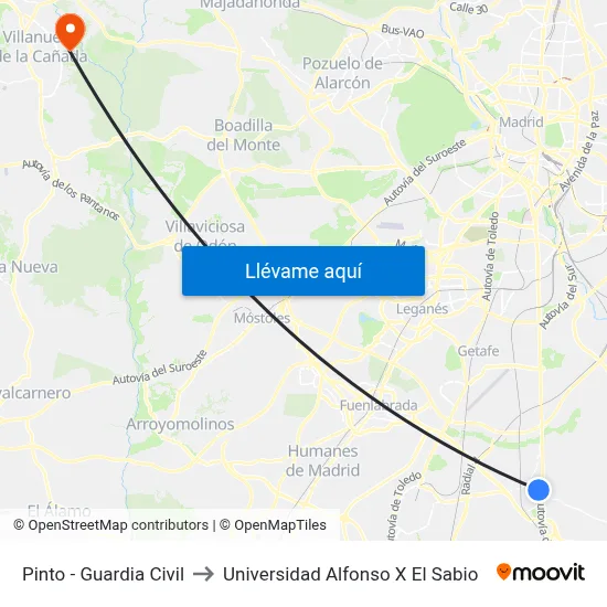Pinto - Guardia Civil to Universidad Alfonso X El Sabio map