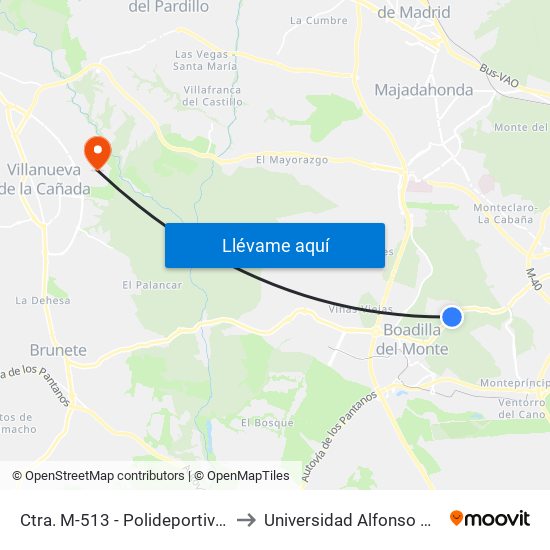Ctra. M-513 - Polideportivo Piscinas to Universidad Alfonso X El Sabio map