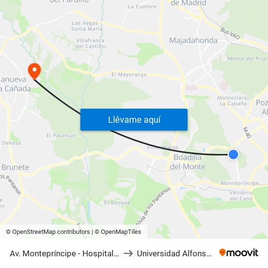 Av. Montepríncipe - Hospital Montepríncipe to Universidad Alfonso X El Sabio map