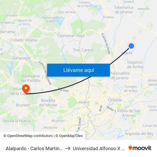 Alalpardo - Carlos Martín Álvarez to Universidad Alfonso X El Sabio map