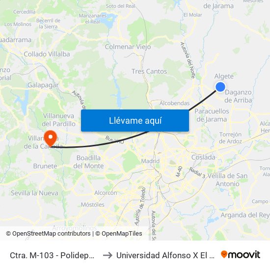 Ctra. M-103 - Polideportivo to Universidad Alfonso X El Sabio map
