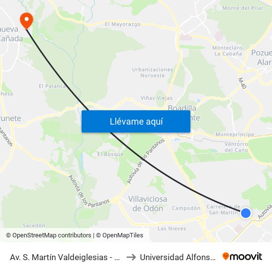 Av. S. Martín Valdeiglesias - C. C. Tres Aguas to Universidad Alfonso X El Sabio map