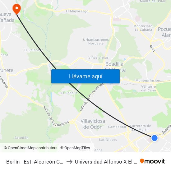 Berlín - Est. Alcorcón Central to Universidad Alfonso X El Sabio map